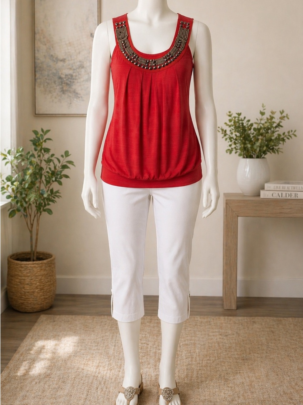 Red Embellished Scoop Neck Tank Top - Women